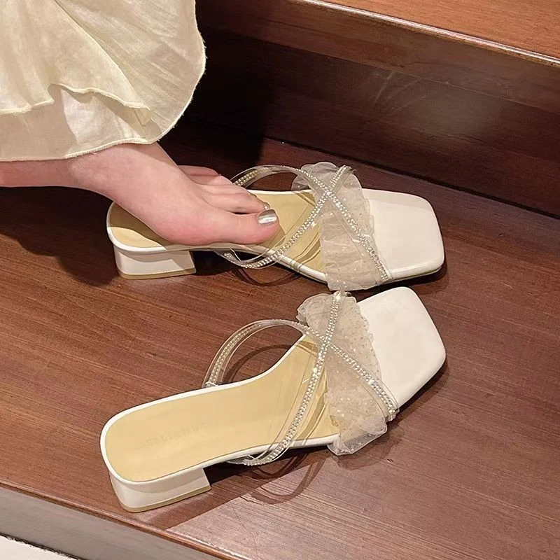 水钻高跟女鞋气质方头百搭网红夏季外穿一字拖时尚粗跟薄款凉拖鞋