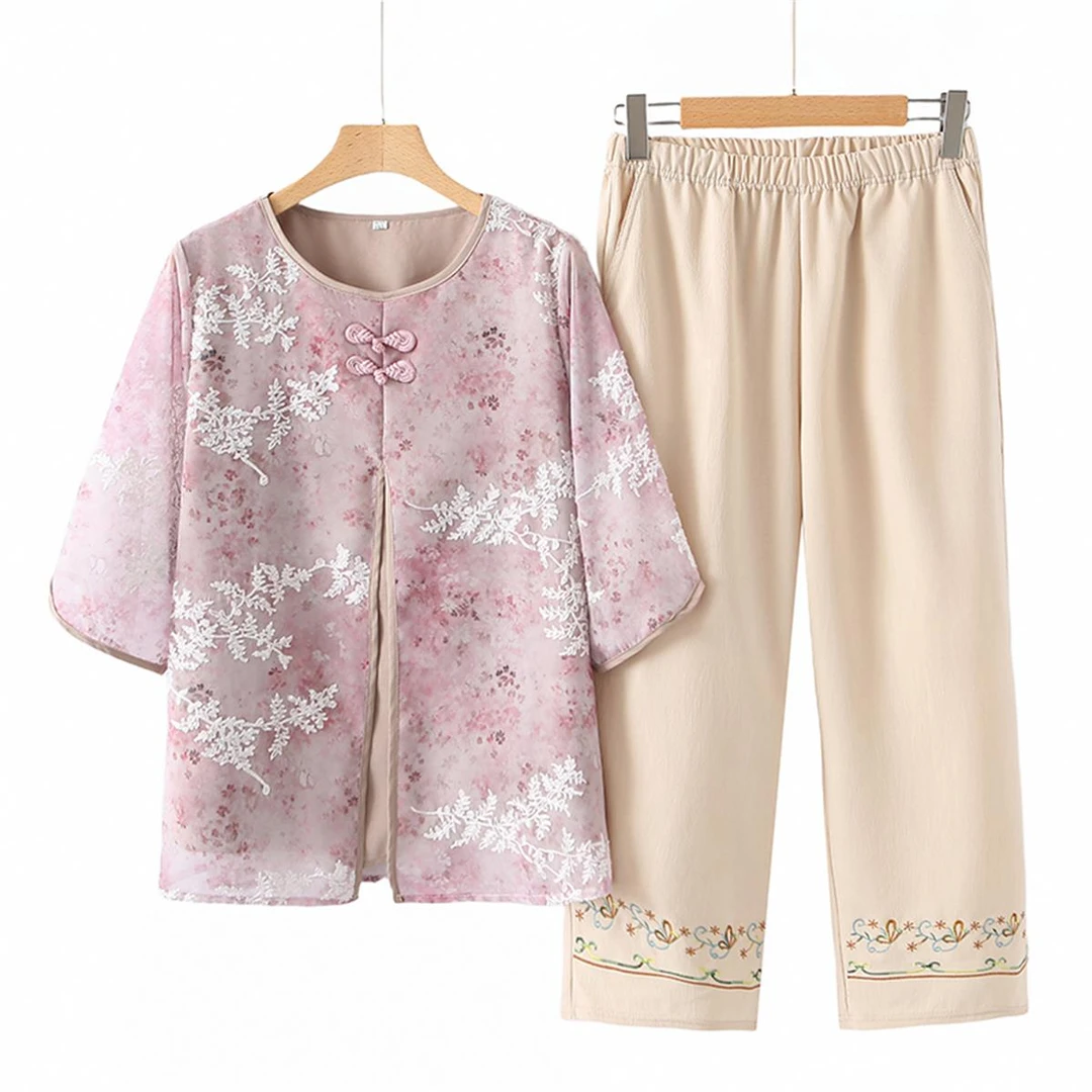 皮尔卡丹2025夏装新款假两件t恤上衣中老年女装宽松显瘦薄款妈妈