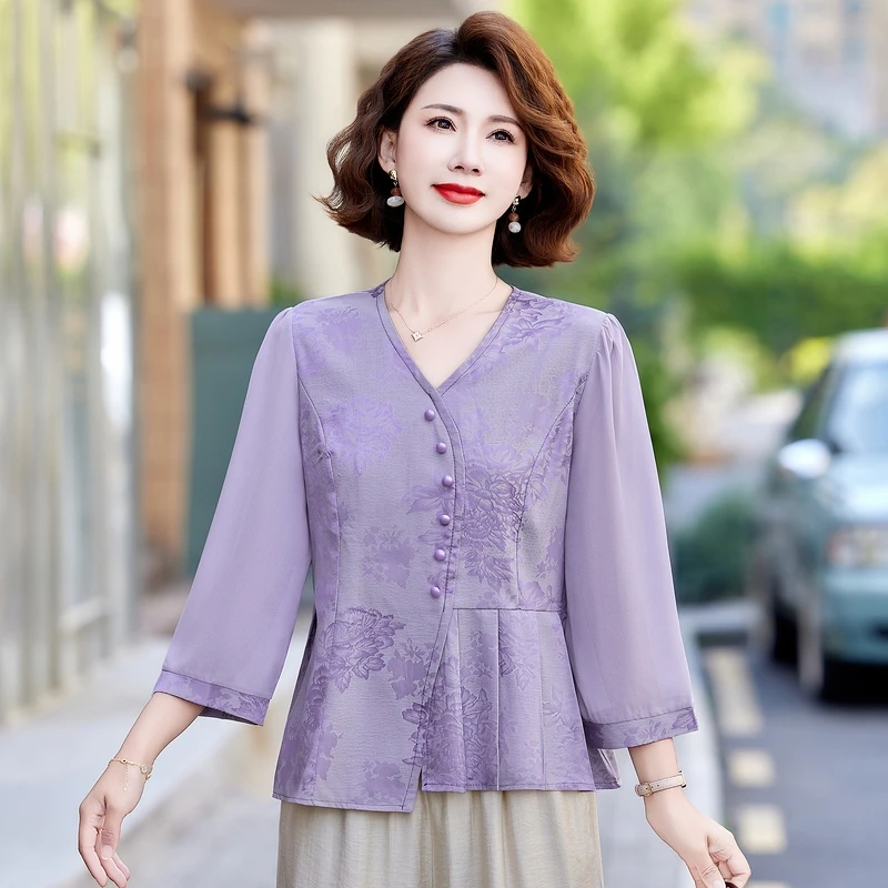 时尚妈妈装国风V领中袖衬衫2025夏季新品中老年女装花寸衫修身