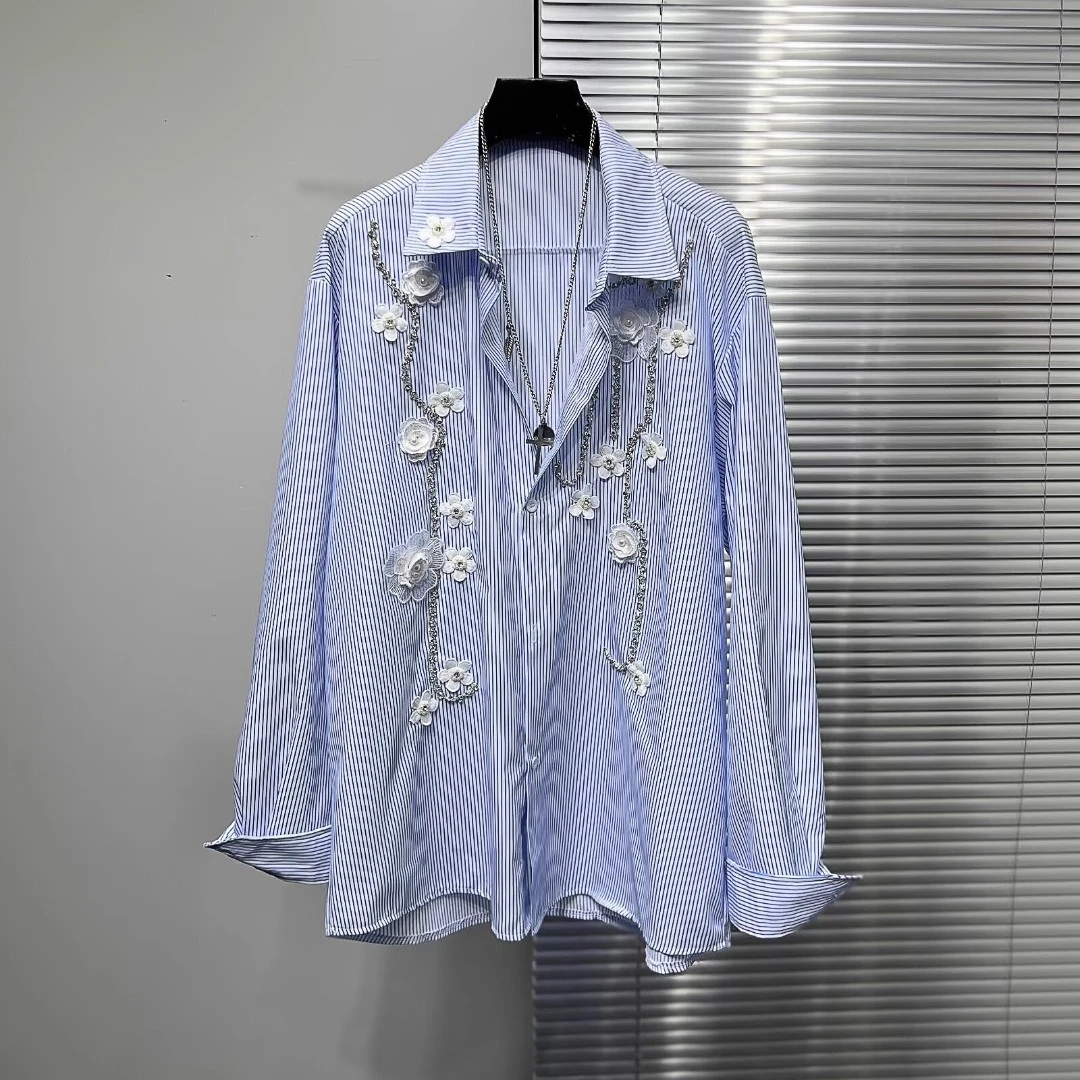 孙恩盛同款潮牌蓝色竖条纹长袖衬衫男女小众手工立体订花衬衣外套