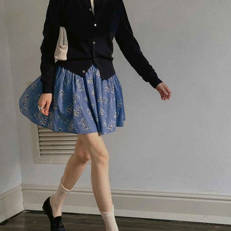 植物系 法式复古浪漫纯棉数码花卉印花百褶半身蓬蓬短裙女