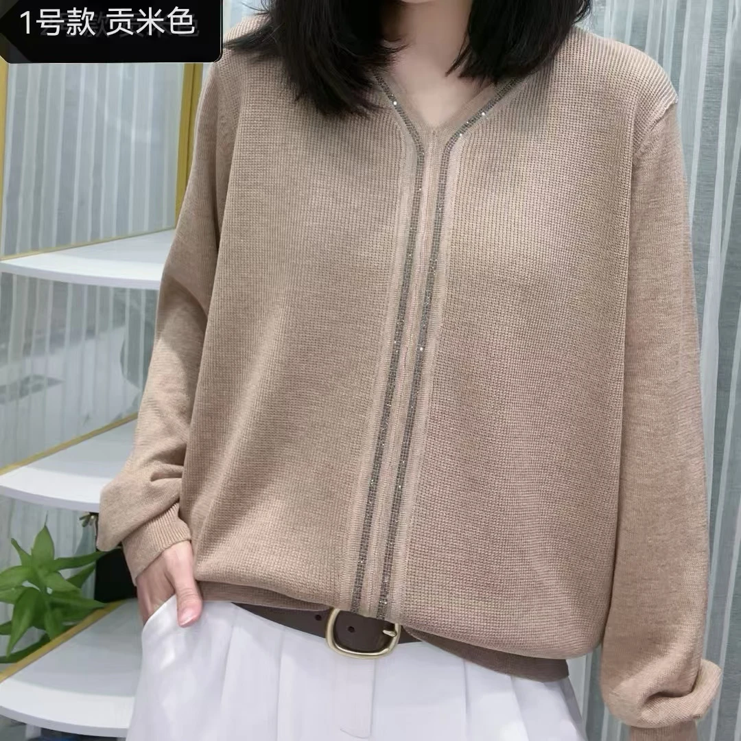 女式休闲烫钻 秋季圆领 时尚简约   洋气百搭纯色针织衫