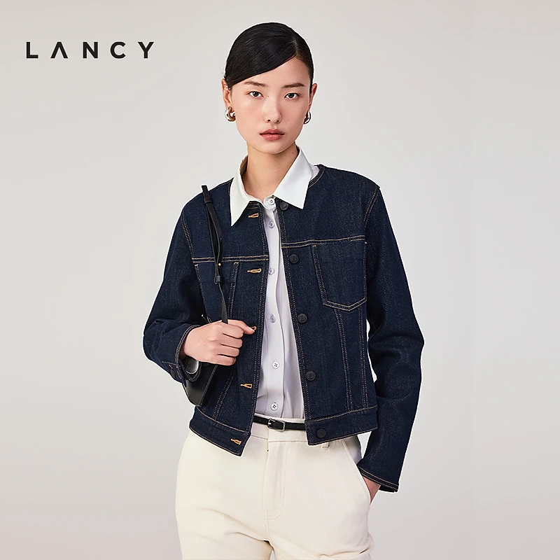 LANCY/朗姿2025年春新款时尚气质廓形牛仔外套复古短款圆领夹克女