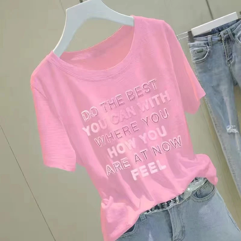 100%纯棉短袖T恤女夏季新款圆领宽松竹节棉黄色薄款韩版大码上衣