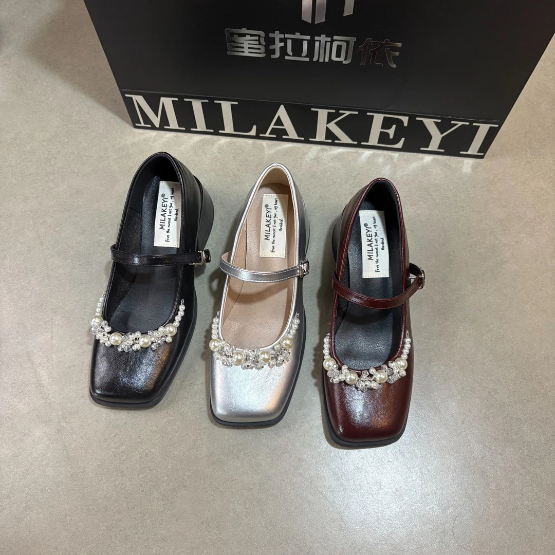 2026春季新款时尚气质百搭珍珠一字带搭扣爆款方头粗跟玛丽珍女鞋