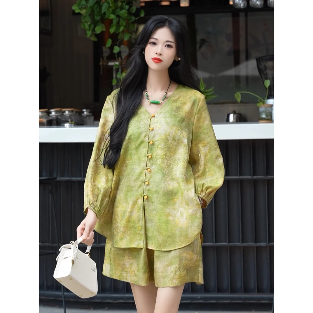 清韵绝 中国风时尚套装绿色晕染夏季新中式气质提花工艺休闲