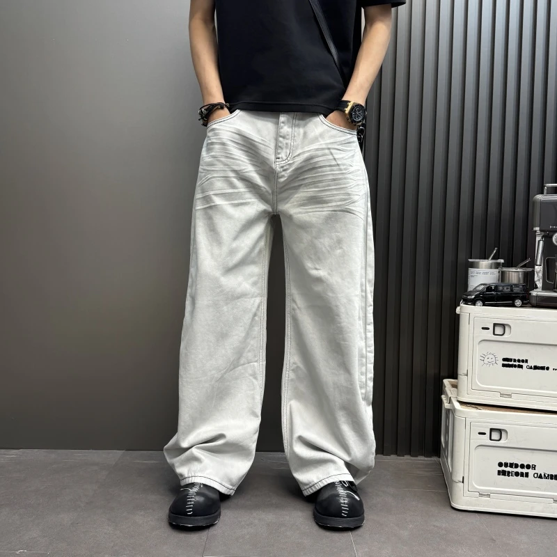 弯刀宽松纯色水波纹垂感拖地牛仔裤2025新款男男男士垂感宽松男士