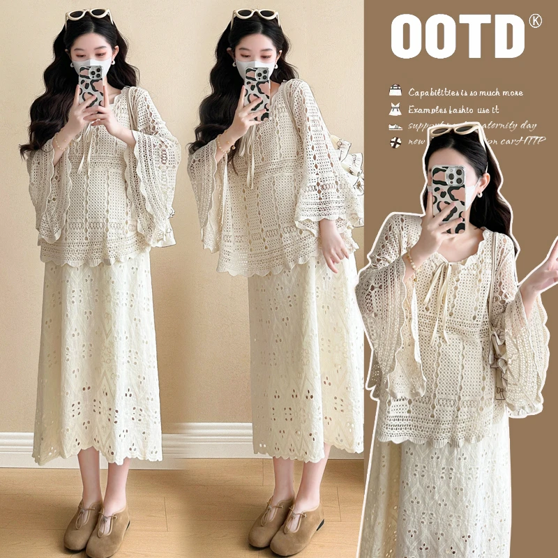 时髦孕妇装新款蕾丝宽松背心裙春秋显瘦气质时尚勾花罩衫慵懒套装