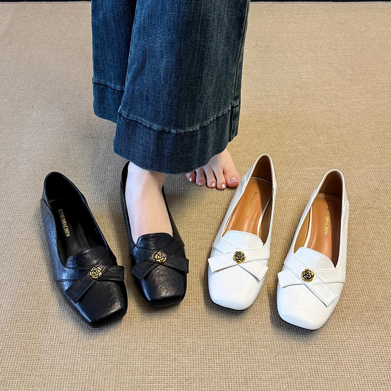 复古风法式简约单鞋女夏山茶花乐福鞋通勤百搭浅口方头玛丽珍鞋