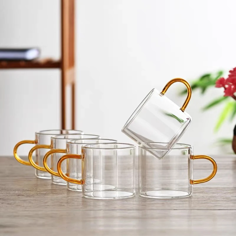 (6个装黄把)120ml加厚透明带把手玻璃耐热家用功夫喝茶品茗茶杯