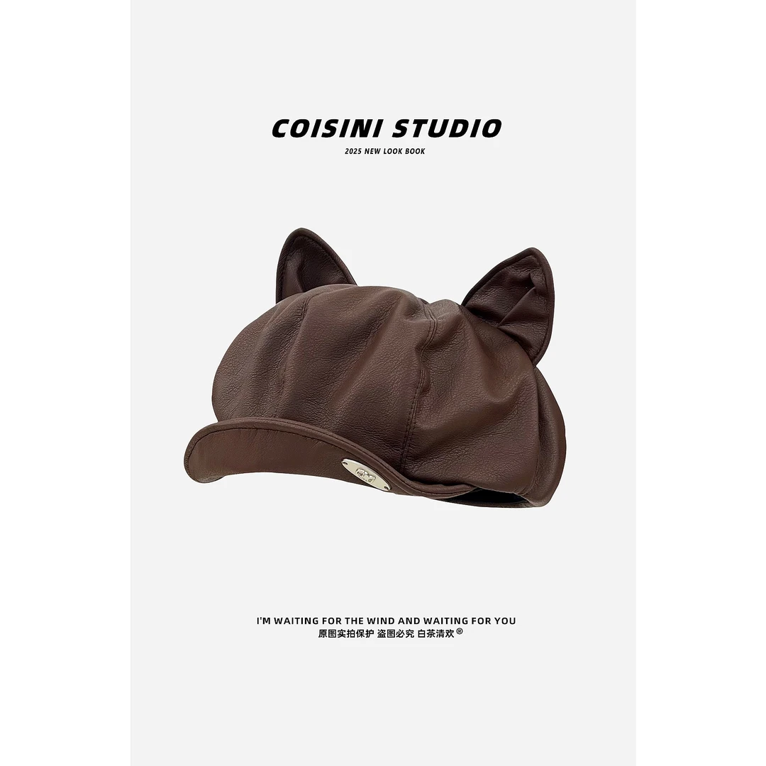 2025新款日系复古可爱猫耳朵皮质贝雷帽子女秋季甜酷百搭画家帽潮