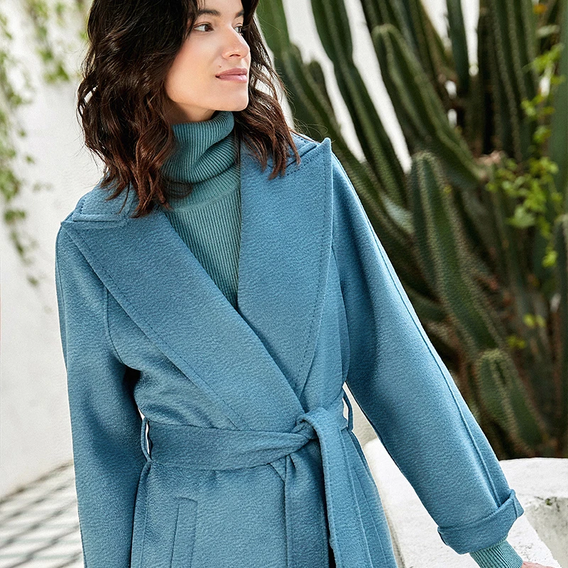 FI.IN甄选24秋冬新款中长款雾霾蓝水波纹双面羊绒毛呢子翻领大衣