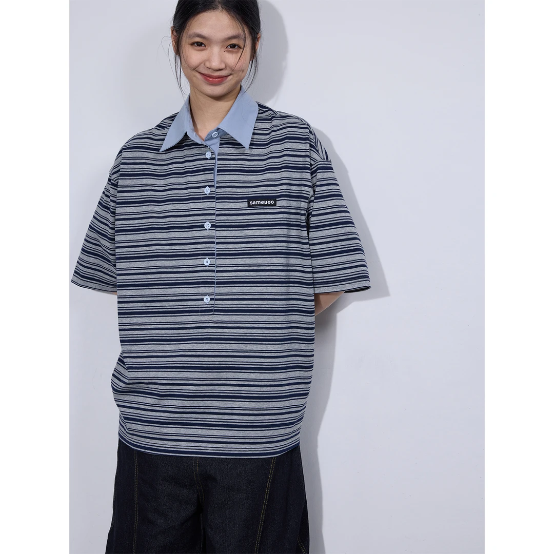 散养文化sameuoo撞色Polo领条时尚休闲复古夏季潮流纹短袖T恤宽松