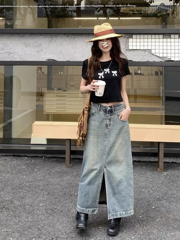 6527港风复古高街a字中长款牛仔裙女春夏新款显瘦半身裙