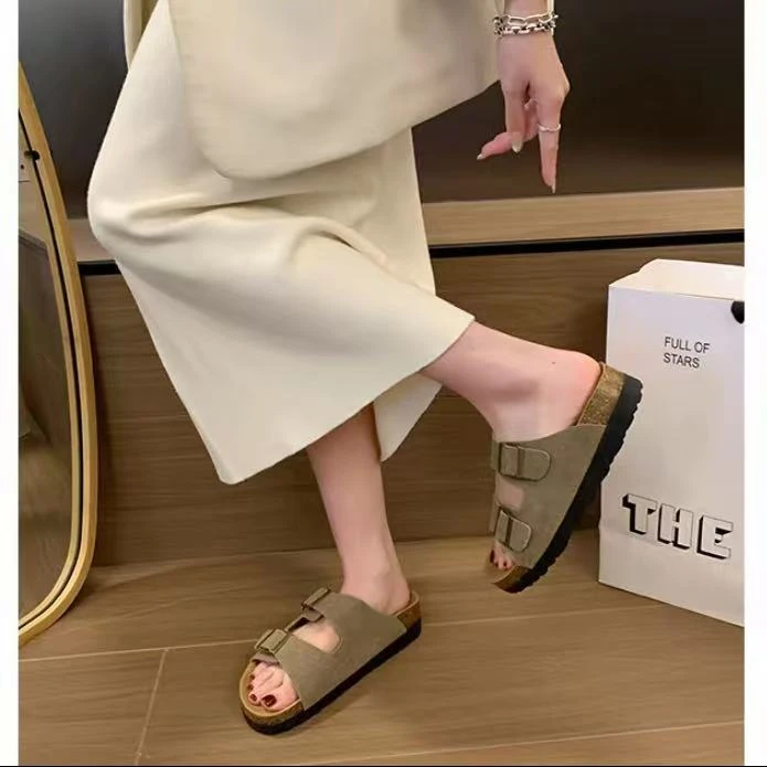 C7619 羚羊棕 时尚厚底轻便2025新款软木休闲露趾女拖鞋