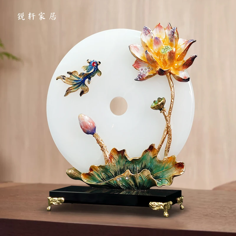 《荷塘月色》平安扣摆件高档珐琅彩工艺荷花新中式客厅玄关家居饰品