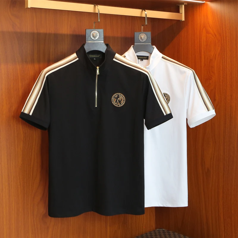 T恤男士夏季薄款丝光棉短袖潮流刺绣立领拉链修身半袖百搭男体恤