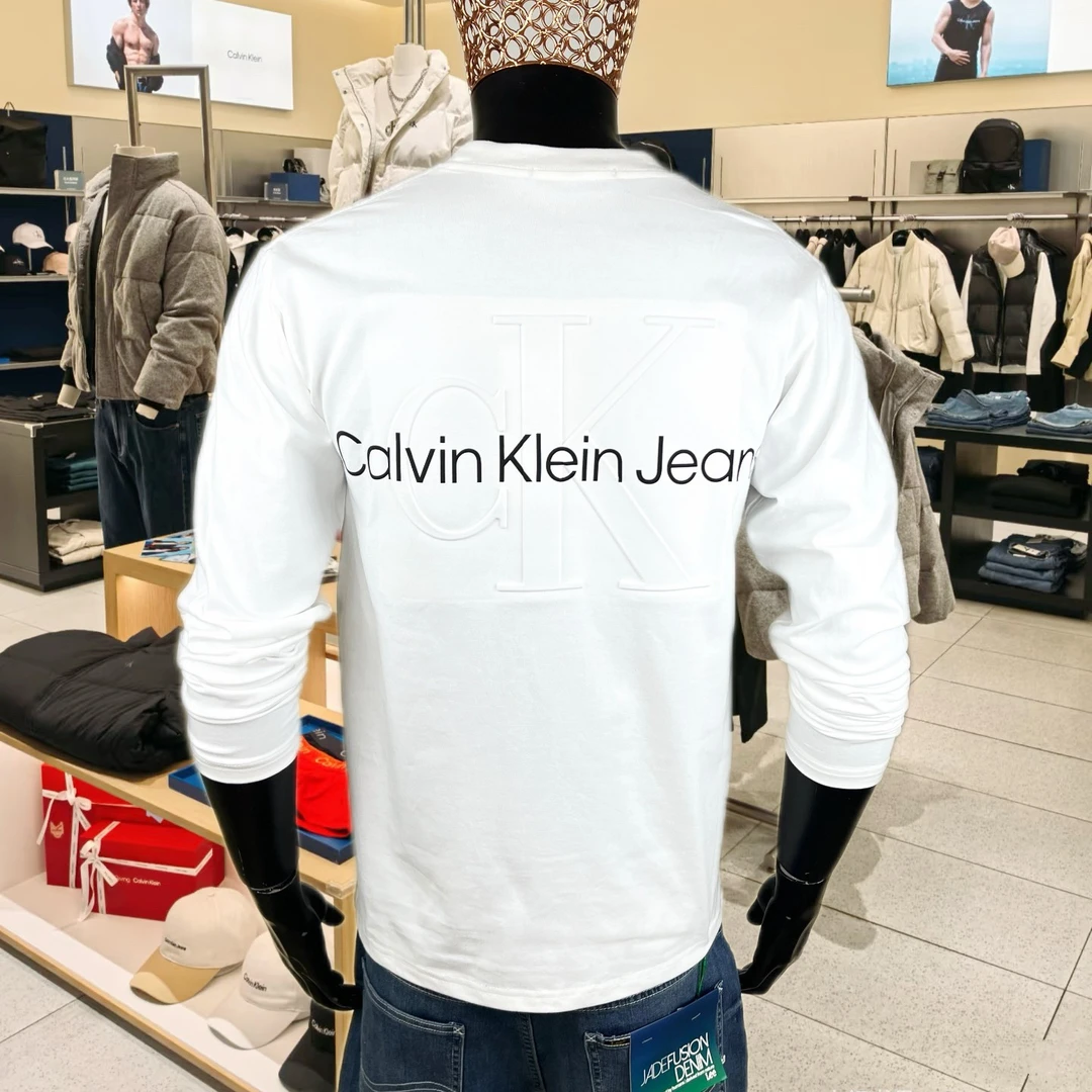 【专柜品质】CK早秋新款男士长袖T恤浮雕百搭字母刺绣圆领宽松情侣