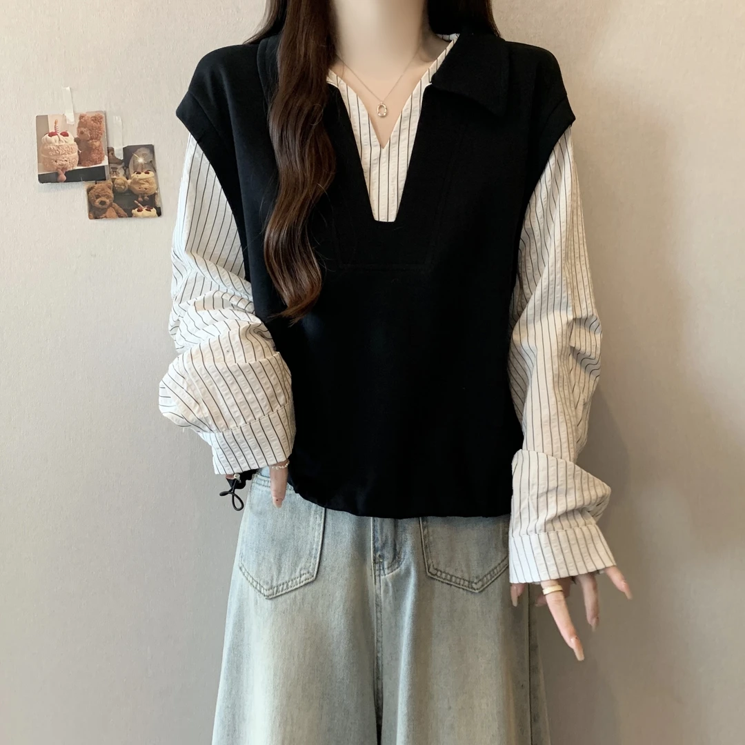 大码遮肚子撞色假两件条纹拼接长袖卫衣女春秋胖妹妹宽松百搭上衣