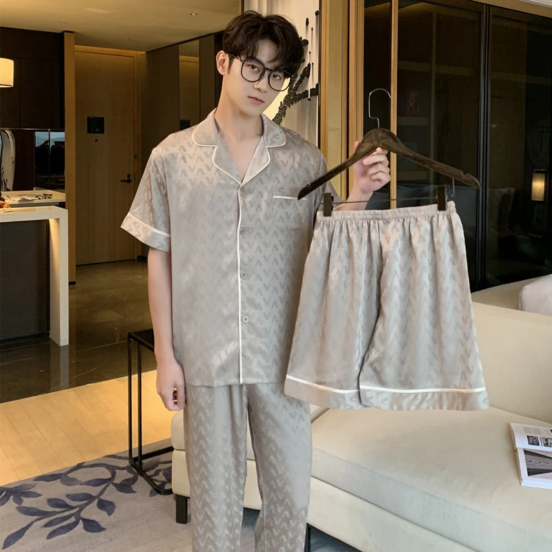 25新款夏季男士短袖长裤短裤三件套男韩版时尚高级感家居衣服套装