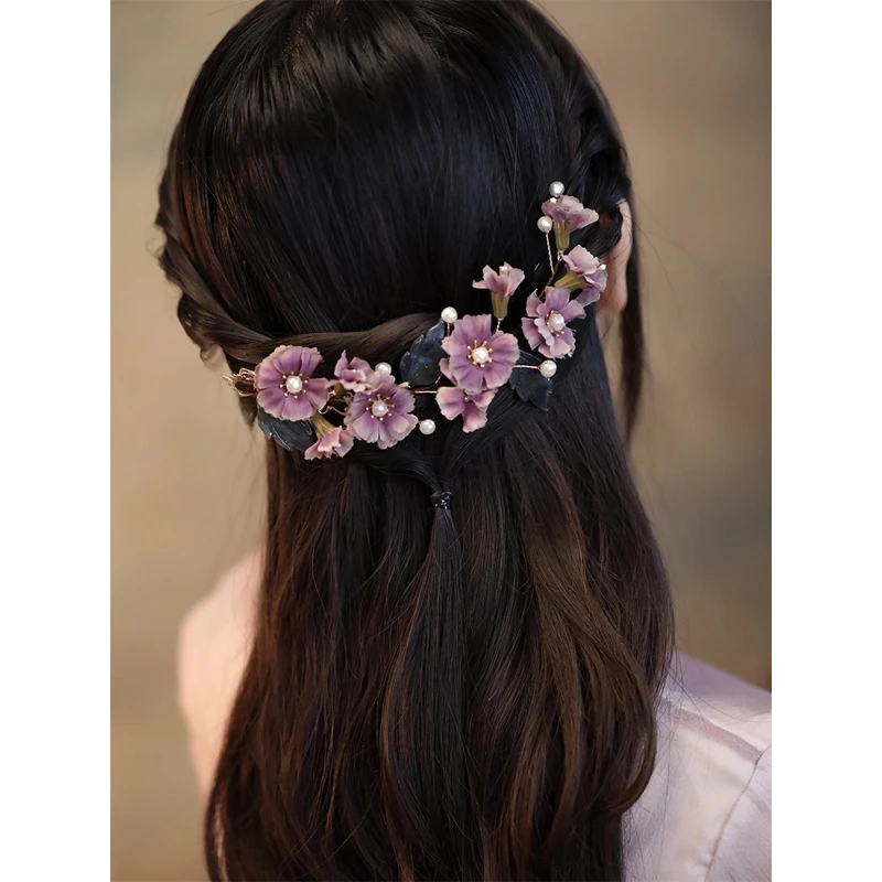 汉服发夹后脑勺盘发软簪唐风布艺花朵侧边夹高级感古风仙手工头饰