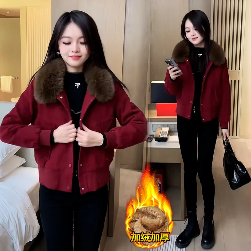 时尚拼接加绒加厚短外套2025年新款冬季大毛领休闲时尚百搭棉服潮