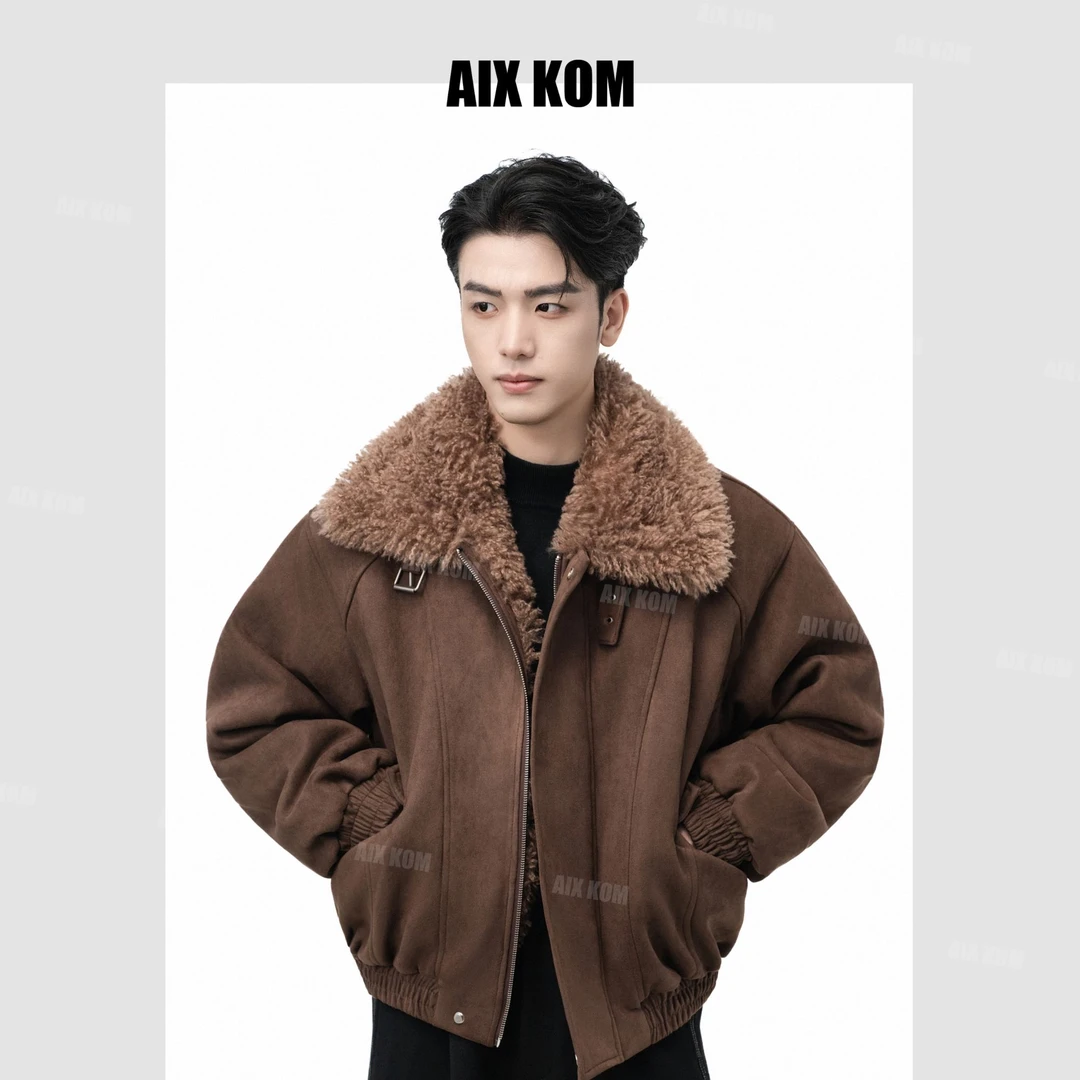 AIXKOM｜2025秋冬款翻领保暖时尚百搭毛领麂皮绒棉衣
