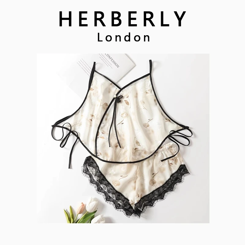 英国 HERBERLY 夏季冰丝肚兜性感睡衣女半透明薄款吊带露背式内衣