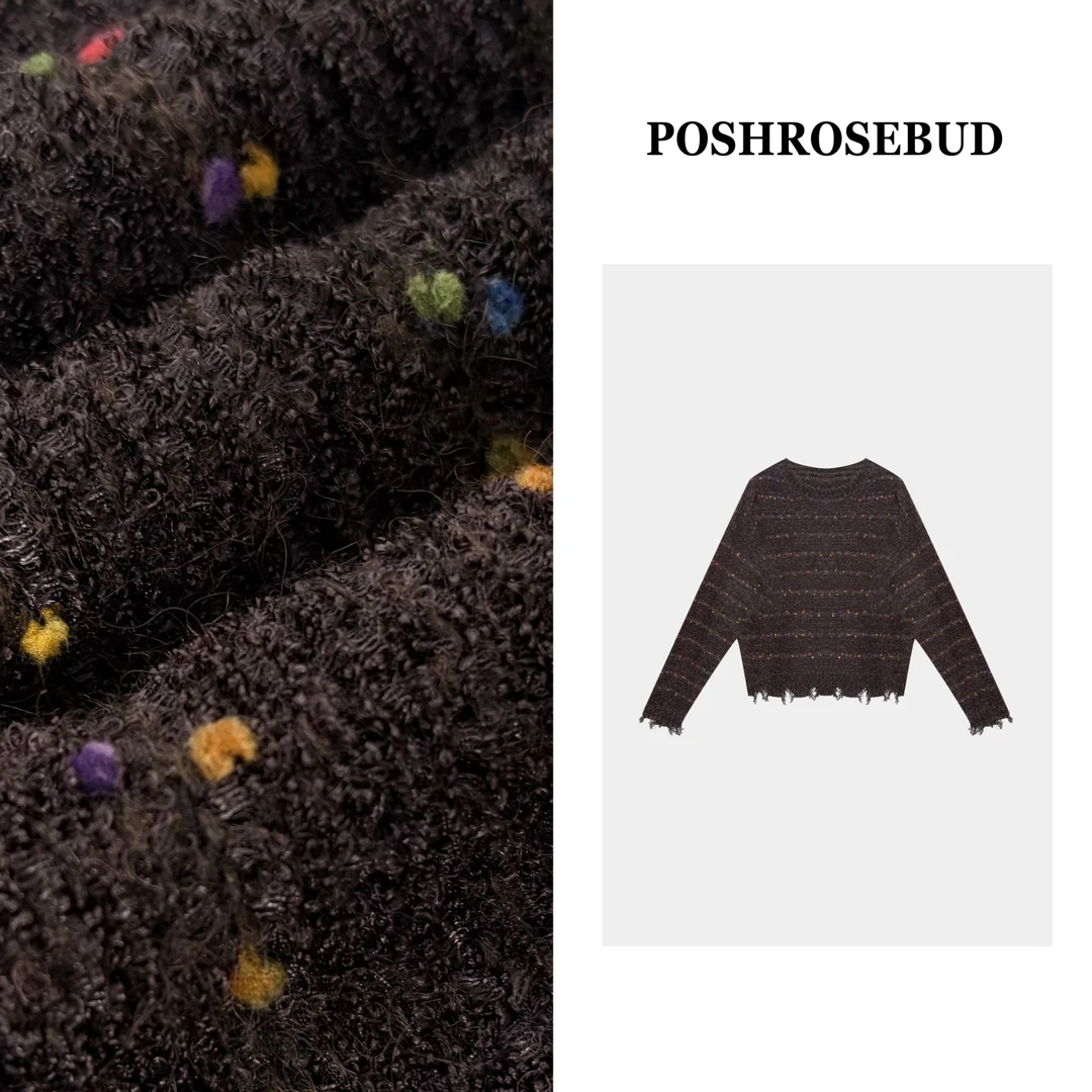 POSHROSEBUD设计师秋季绵羊毛彩点条纹宽松圆领针织衫-1182