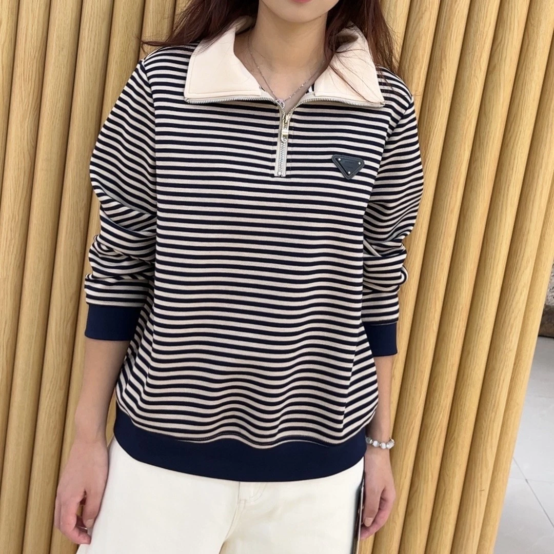 8279# 春秋季翻领宽松条纹长袖针织T恤打底衫