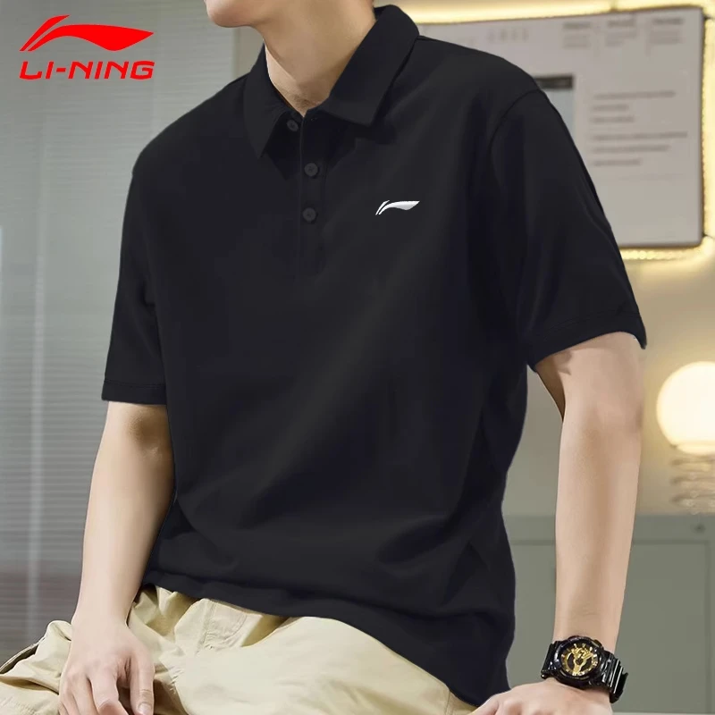 李宁黑色短袖POLO衫男士夏季百搭宽松翻领纯色半袖男休闲T恤男士