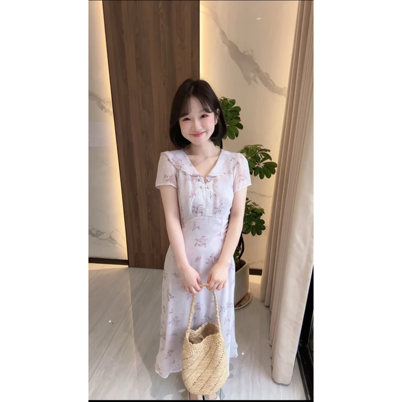 板栗西西《紫藤花园》气质法式时尚显瘦紫色印花真两件短袖连衣裙