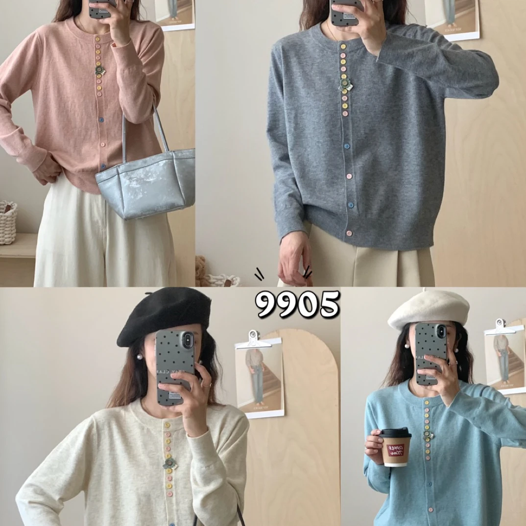 彩扣一朵花长袖针织开衫款9905女毛针织衫纯色宽松薄款风百搭圆领