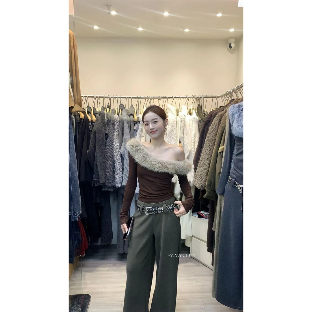 VIVA福（9VA8693#） 香肩反叛 斜肩拼接环保毛毛长袖T恤11-20