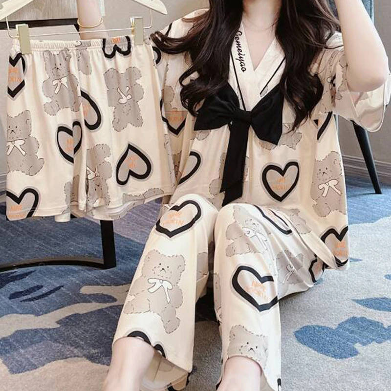 睡衣女夏季短袖纯棉三件套宽松大码网红爆款甜美夏天高级感家居服