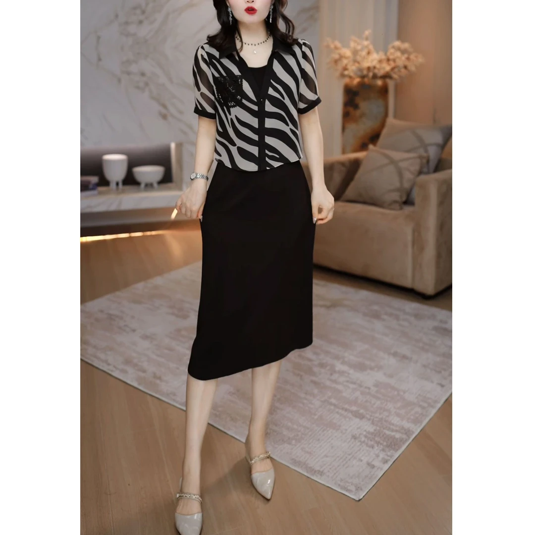 时尚假两件短袖连衣裙女夏季新款气质显瘦设计感百搭中长款休闲裙