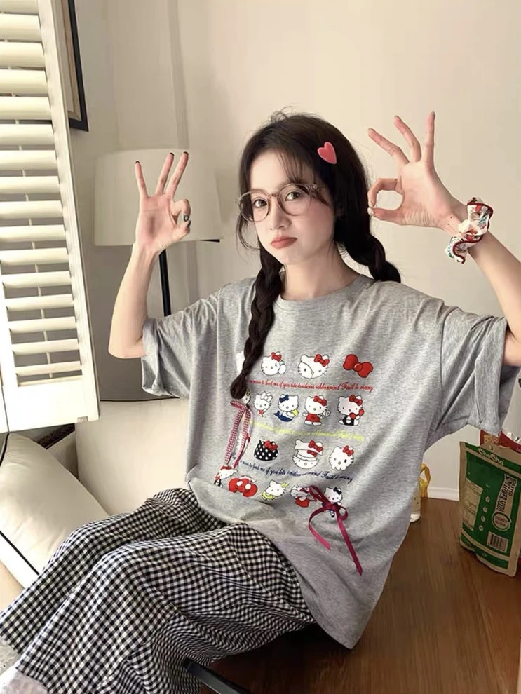 【格子kt】夏季蝴蝶结卡通短袖睡衣女宽松外穿格子长裤家居服套装