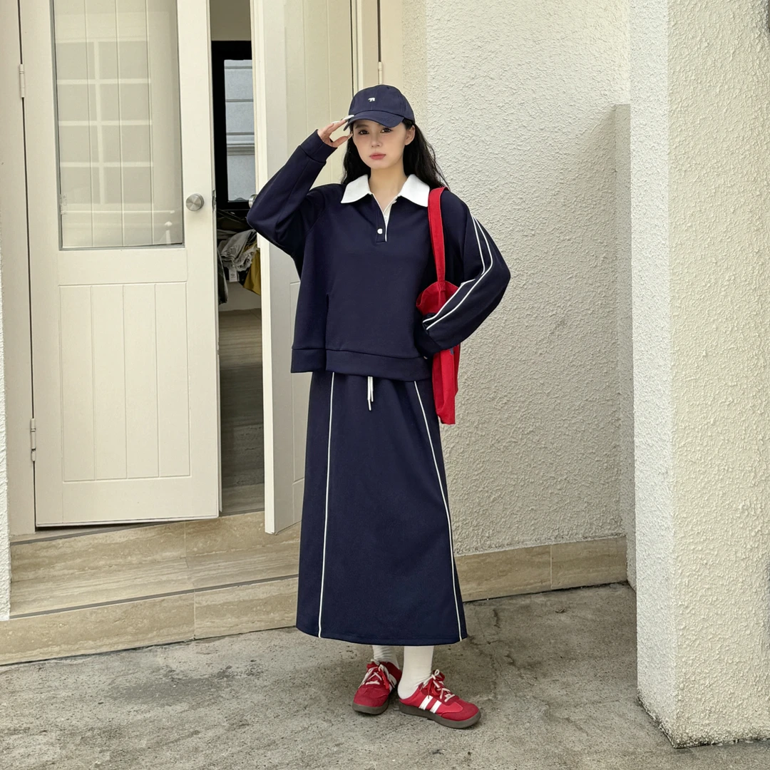 120斤的大杨 胖mm学院风运动卫衣套装早秋休闲polo衫半身裙两件套