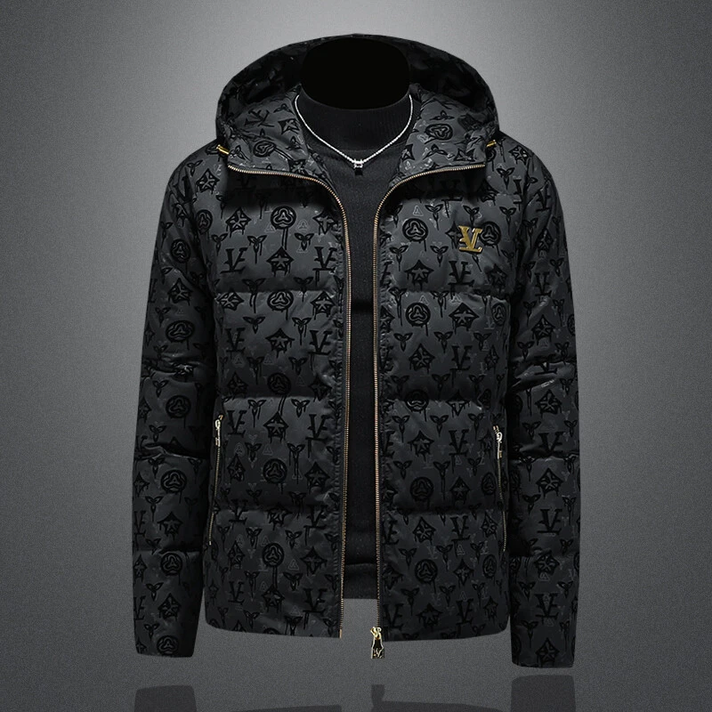 高端90白鸭绒羽绒服男士印花轻奢连帽外套加厚潮牌冬时尚短款外套