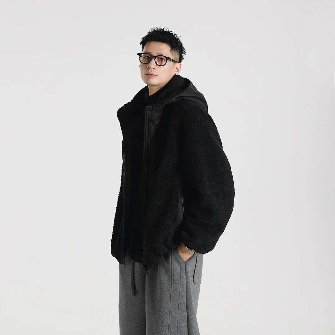 GCCDUPE77『诺丁山』羊羔绒连帽拼接夹克重磅加厚慵懒摇粒绒外套