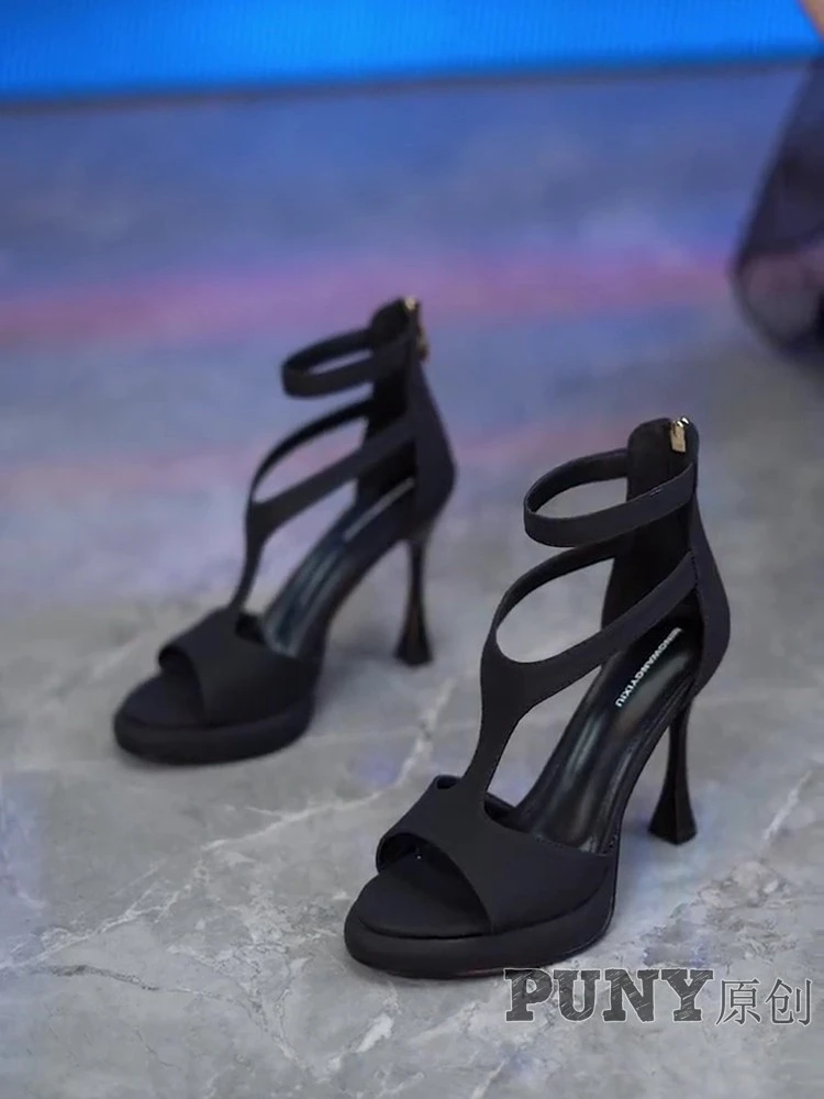 夏季时尚细跟后拉链尖头高跟鞋欧美风百搭配裙子镂空时装凉鞋女鞋