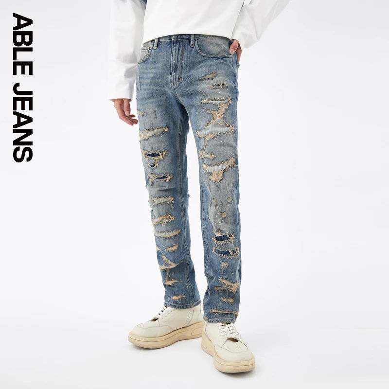 ABLEJEANS【直筒裤】25新款风暴水洗破洞男士复古全长牛仔裤801341