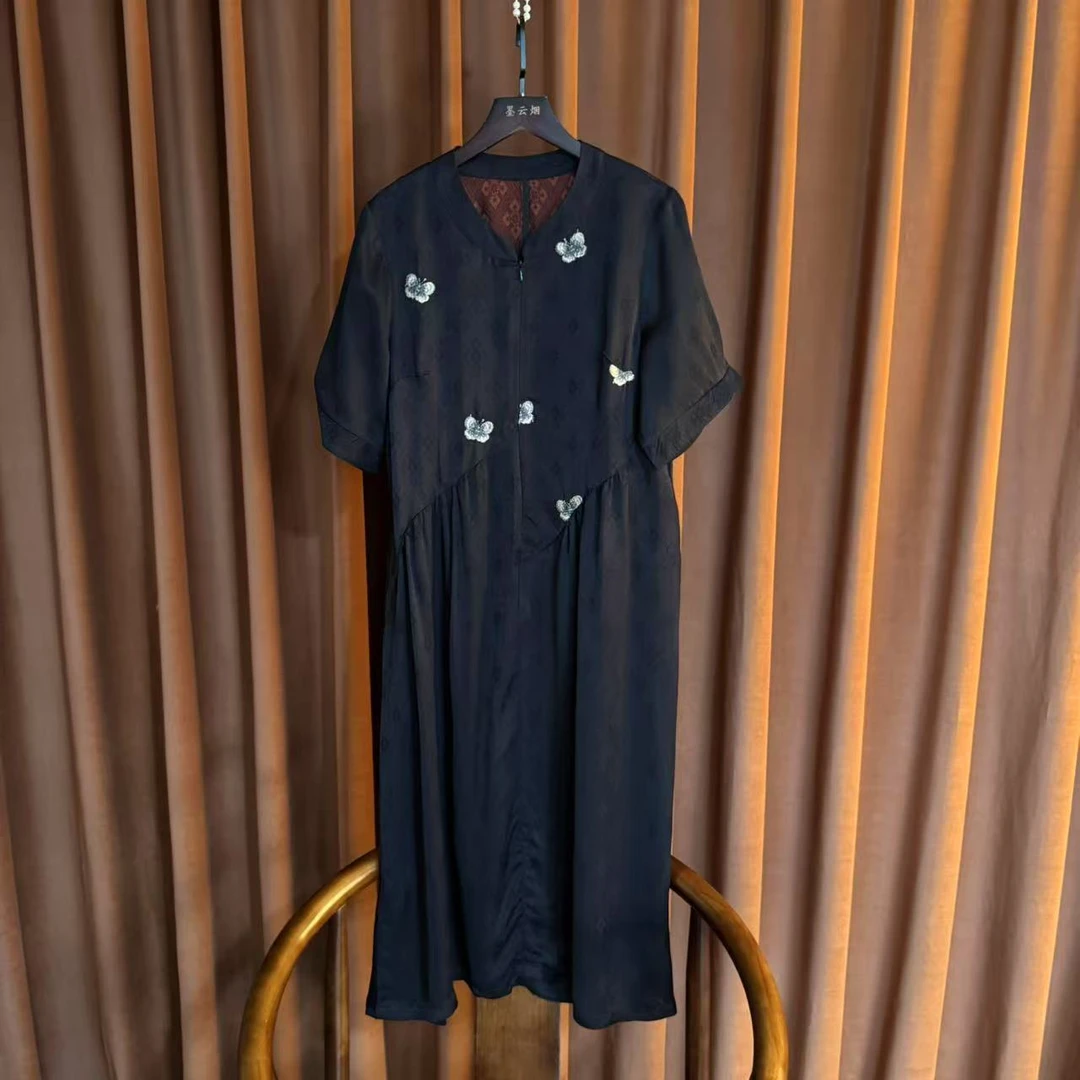 【蝶秀】长裙黑色刺绣连衣裙宽松腰时尚国风气质夏季潮流百搭女士