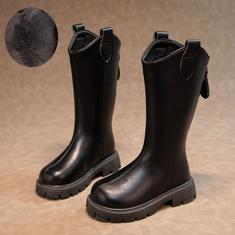 女童加绒靴子秋冬款儿童长靴女2024冬季洋气高筒靴小女孩二棉皮靴