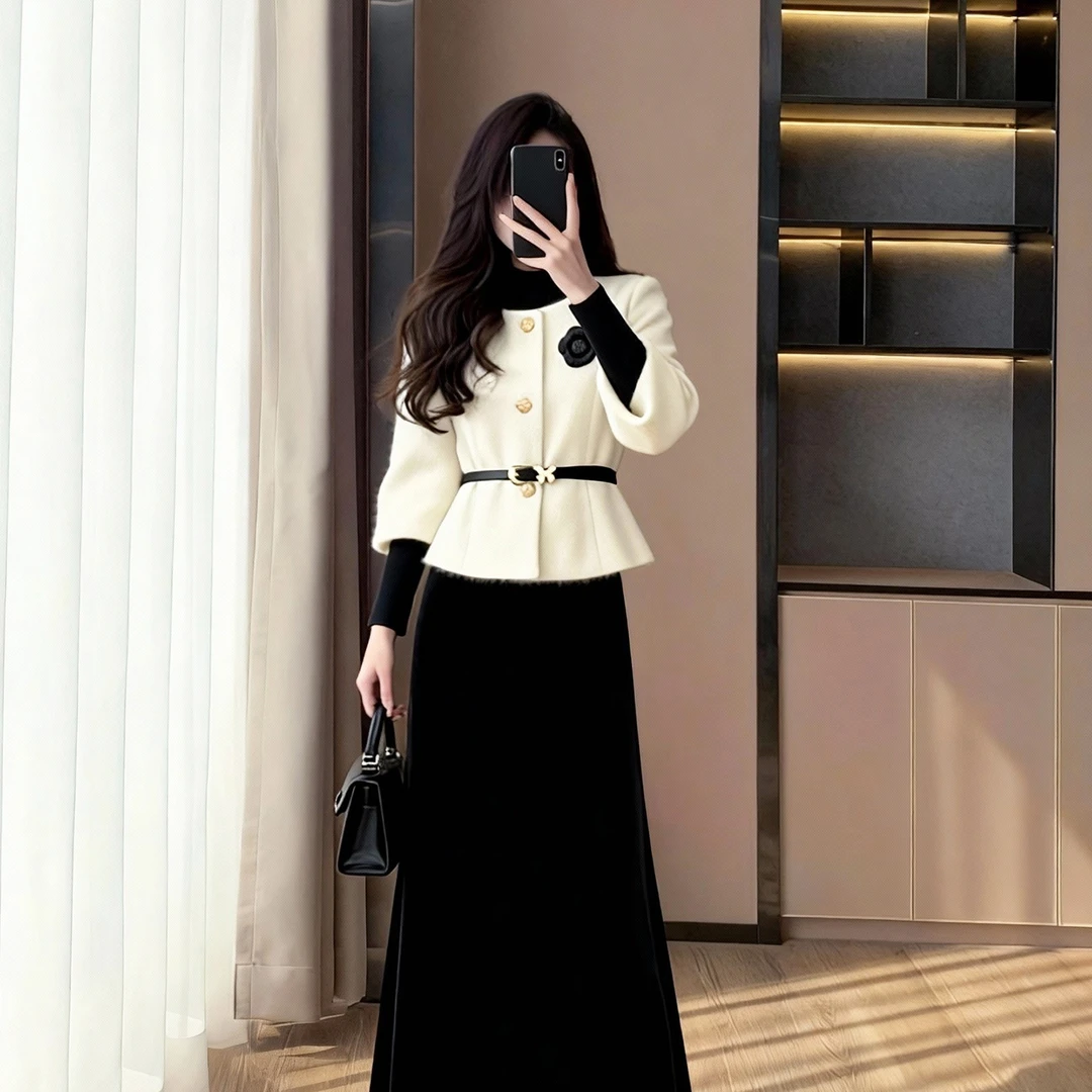 冬季新款法式气质温柔初恋少女高级感长裙名媛小香风半身裙套装裙