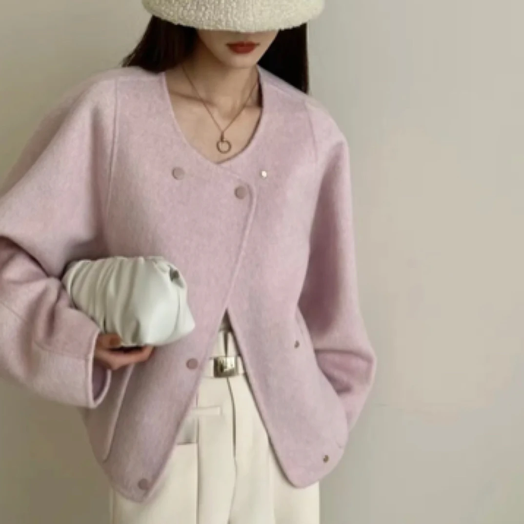 24383秋冬螺纹下摆圆领女短款羊毛外套春日慢人风百搭时尚轻奢