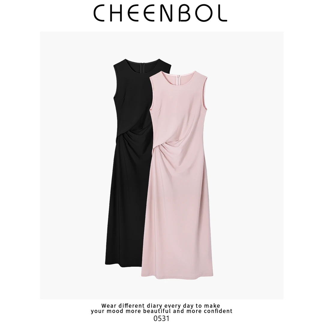 0531连衣裙夏季新款仿醋酸缎面圆领设计感无袖高级感百搭纯色裙子