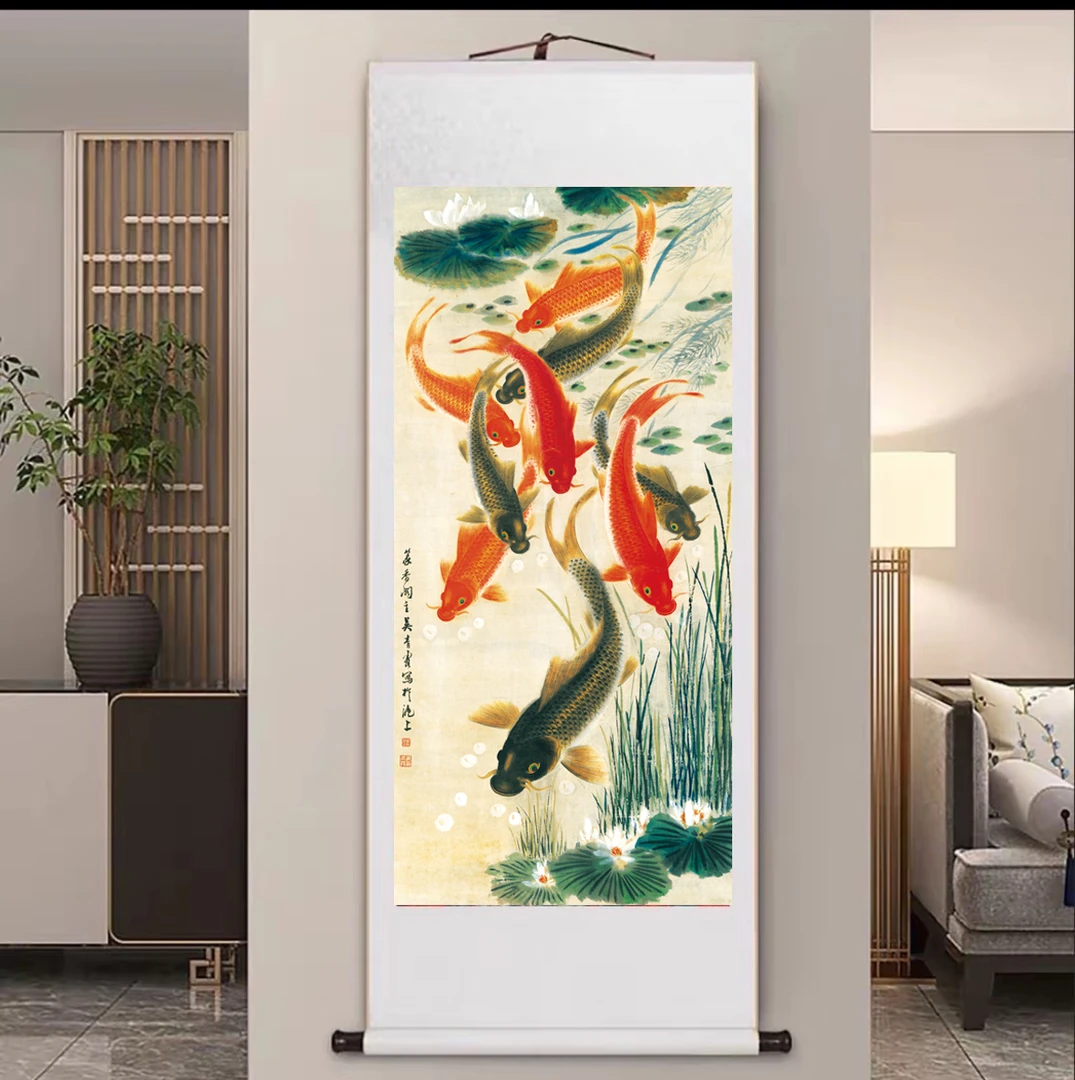 《九鱼图》玄关精装140*45中式数字微喷立式挂画