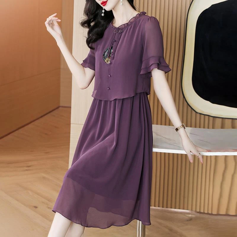中年妈妈夏装雪纺连衣裙女士2025新款气质宽松遮肚子紫色旗袍裙子