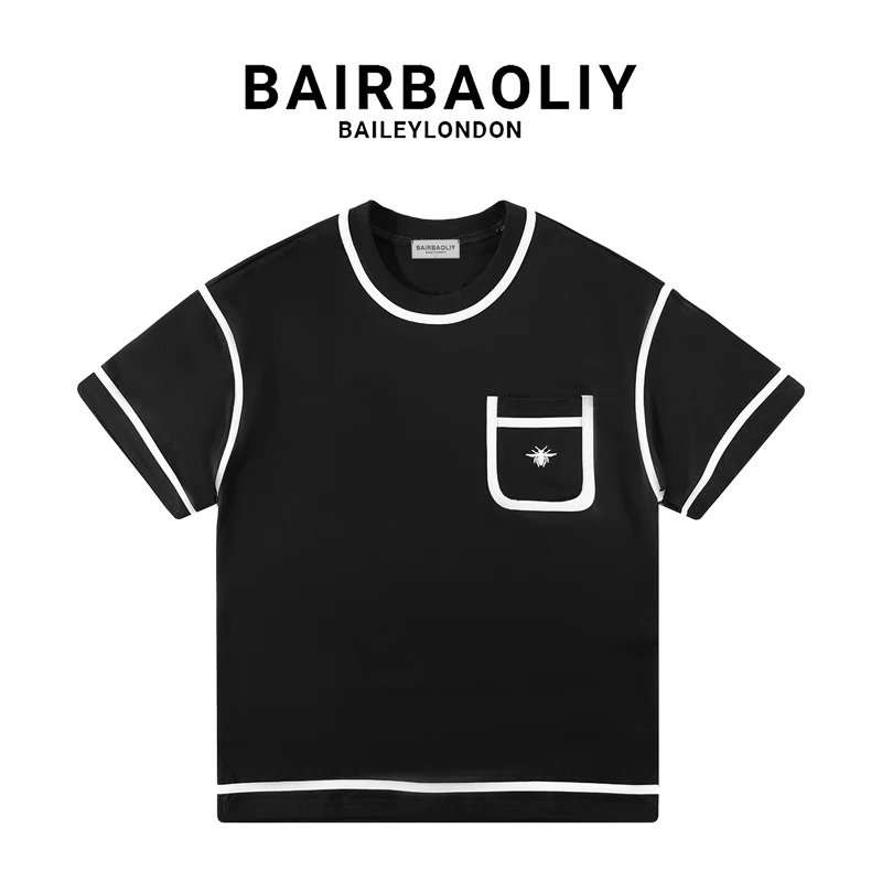 BAIRBAOLIY欧货高奢男士潮流口袋小蜜蜂刺绣撞色拼接简约短袖T恤